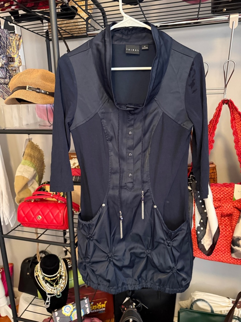 Tribal Navy Drawstring Pocket Tunic with Button Placket